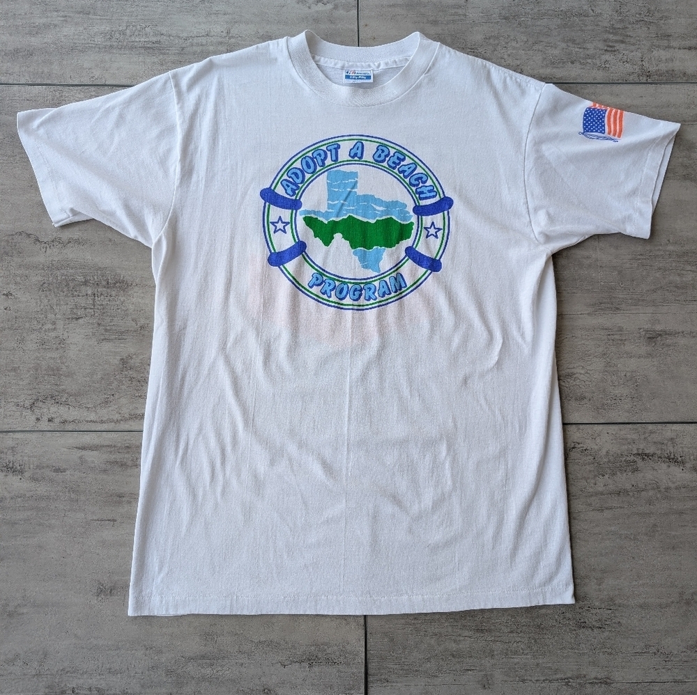 Vintage Hanes Chevron Adopt A Beach White Blue Single Stitch T Shirt XL
